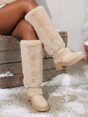 Apricot Preppy Women's Furry Knee High Boots Women Faux Fur Snow Boots
